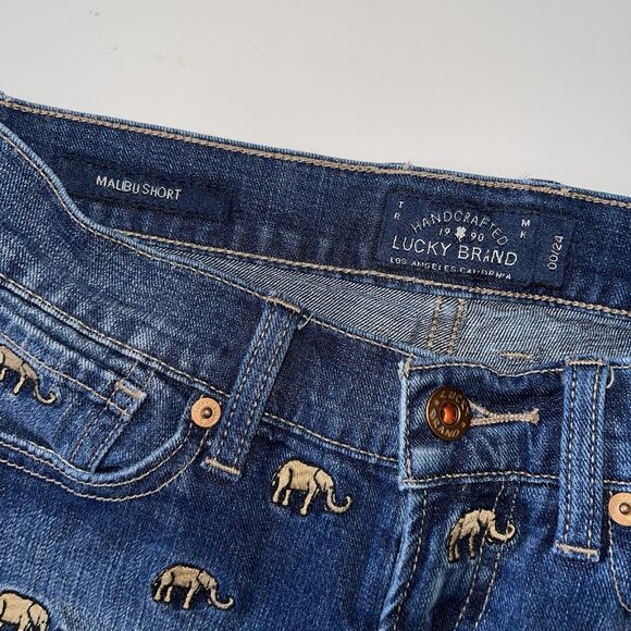 Lucky Brand Embroidered Jean Shorts Malibu Size 24 Elephant Dark Blue Denim - Picture 3 of 5